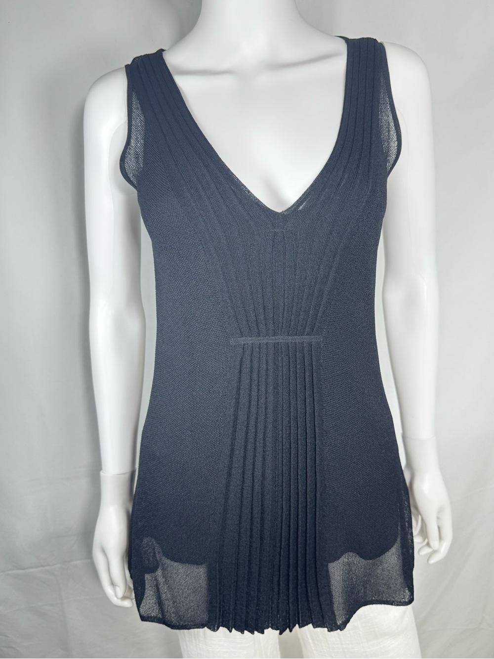 Eileen Fisher Black Knit Pleated V-Neck Sleeveless Shell Tunic Top Viscose M